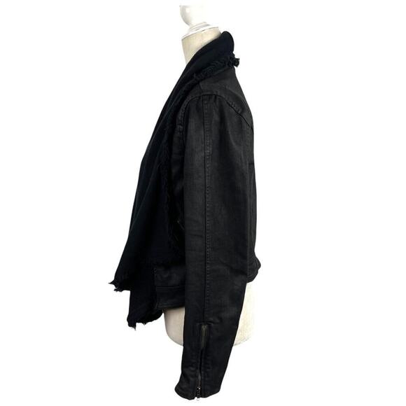 Free People Drape Front Coated Waxed Denim Moto Cropped Jacket Black Zip Cuffs 4 - Picture 9 of 14